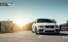 White BMW E92 M3, Vorsteiner, 2007-2013, front, headlights, bumper, tuning, sky, sun