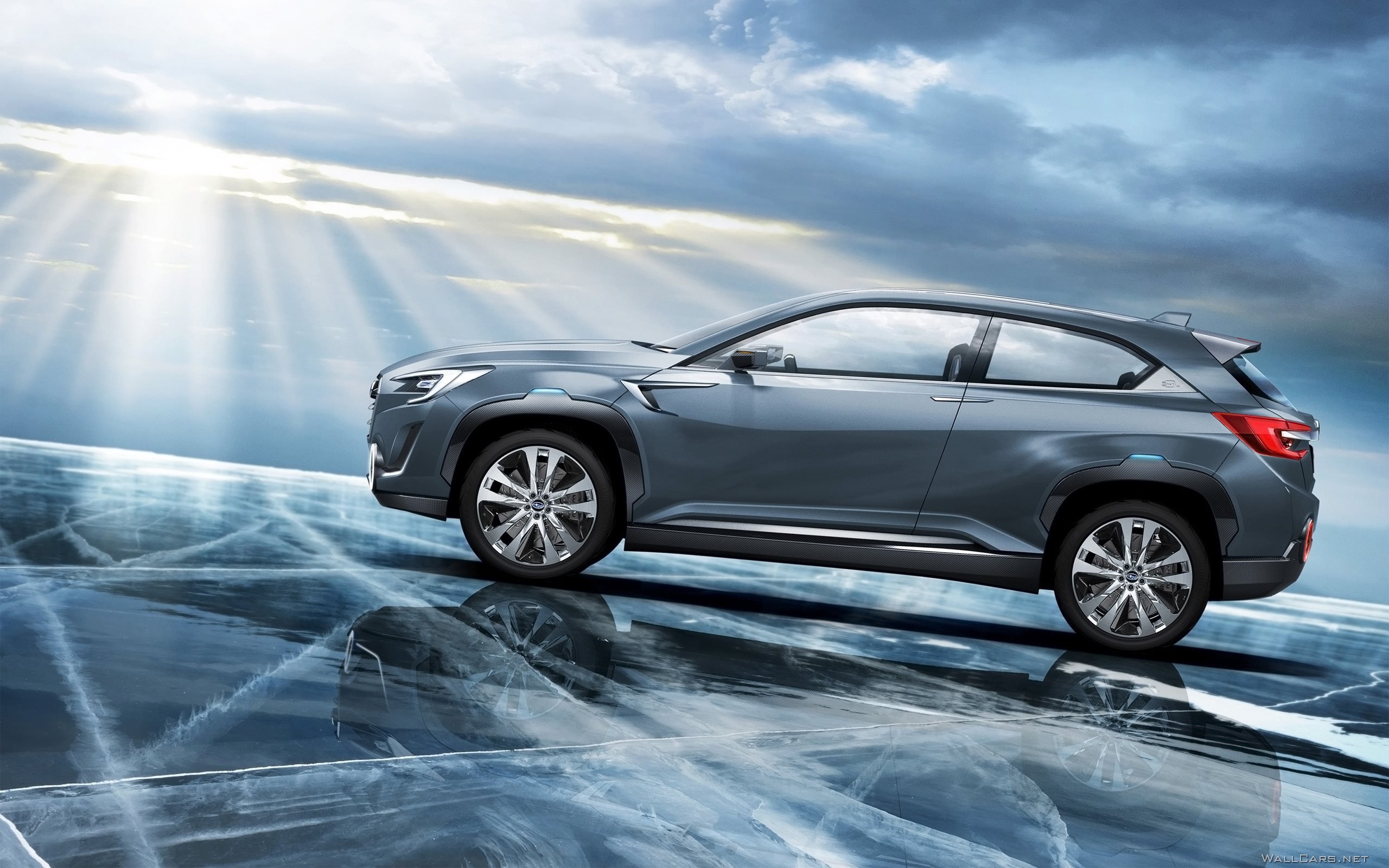 Серый Subaru Viziv Concept, Субару Визив, лед, озеро, отражение, солнце