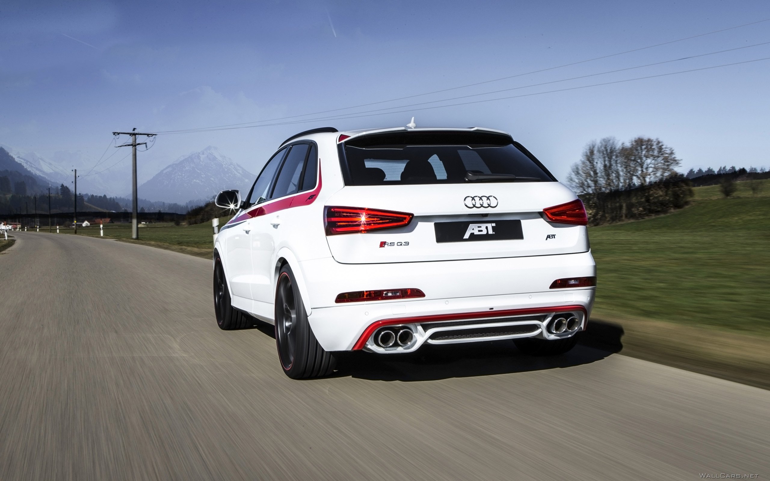 Белый Audi RS Q3, Вид сзади, Ауди Q3, ABT 2014, автотюнинг, винил, обвесы, природа, горы