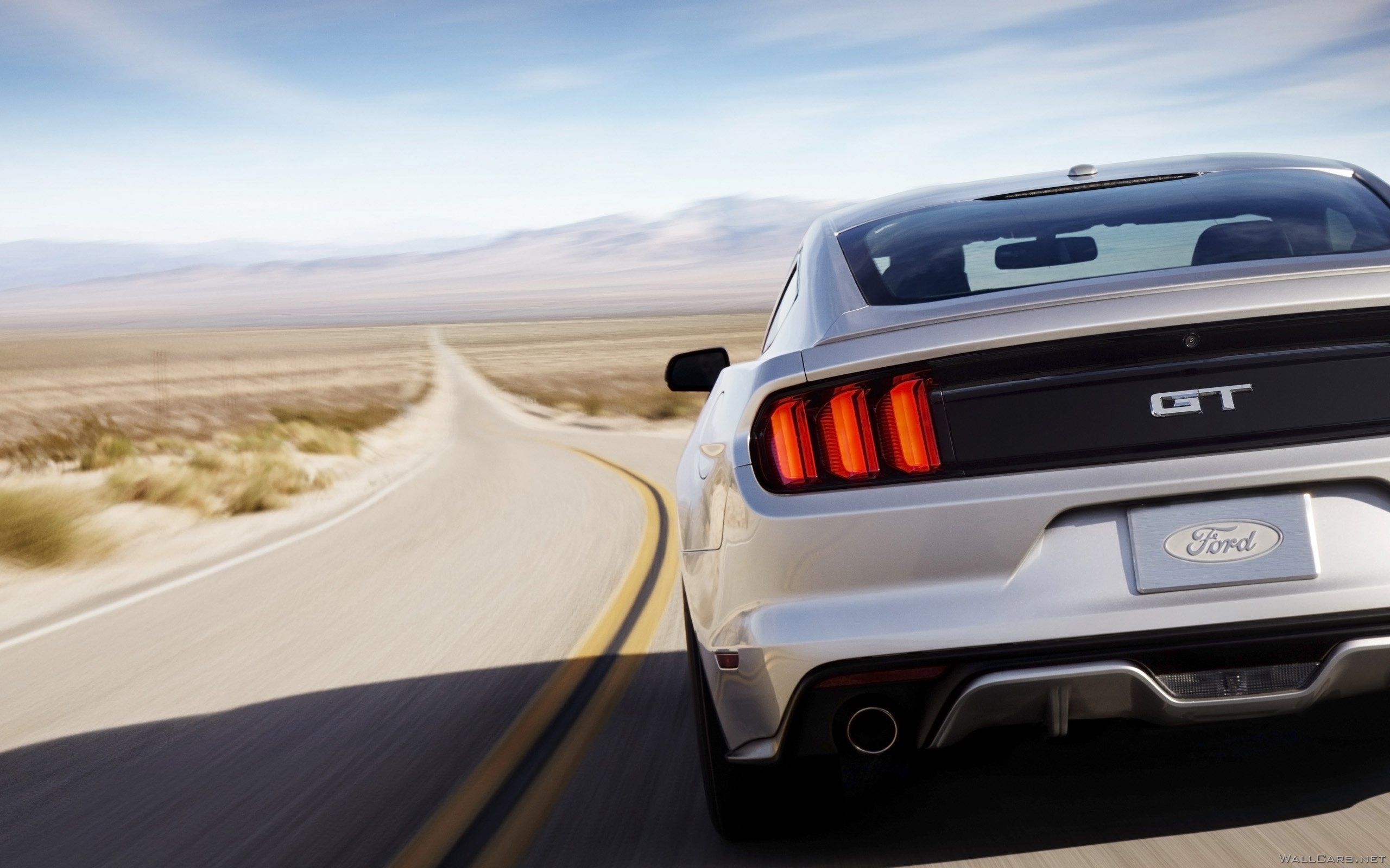 Задние фонари Ford Mustang GT, 2015, логотип, трасса, новинка, тюнинг, детали, бампер, back, rear lights, road, desert