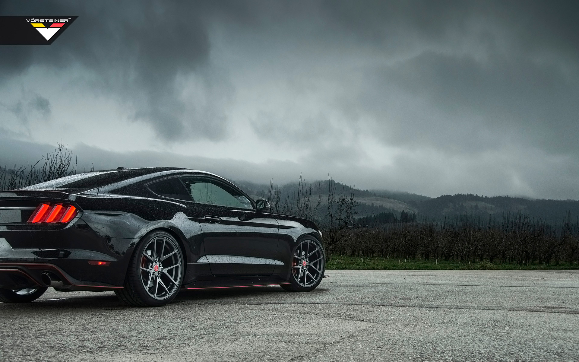 Блеск, черный Ford Mustang V-FF, Vorsteiner, 2015, пейзаж, вид, облака, небо