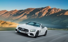 Фото, горы, вершины, белый Mercedes-AMG SL 63, 2016, фары, капот, фото, туман