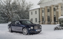 Синий Bentley Mulsanne, Бентли Мульсан, фасад, архитектура, снег