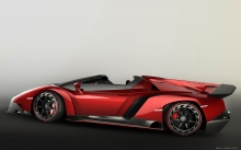 Вид сбоку на Lamborghini Veneno Roadster, красный Ламборджини Венено, карбон, диски, пороги