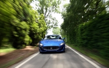 Синий Мазерати ГранТуризмо, Maserati GranTurismo Sport, лес, природа, парк, скорость, дорога