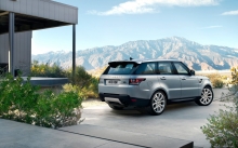 Серый Range Rover Sport, Рендж Ровер, сзади, диски, задняя оптика, горы, небо,