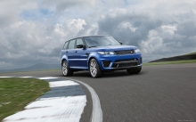 Синий Range Rover Sport, Рендж Ровер Спорт, трасса, трек, передок, поворот, небо, облака