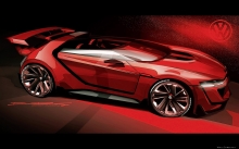Рисунок Volkswagen GTI Roadster, красный концепт, чертеж, подпись автора, диски